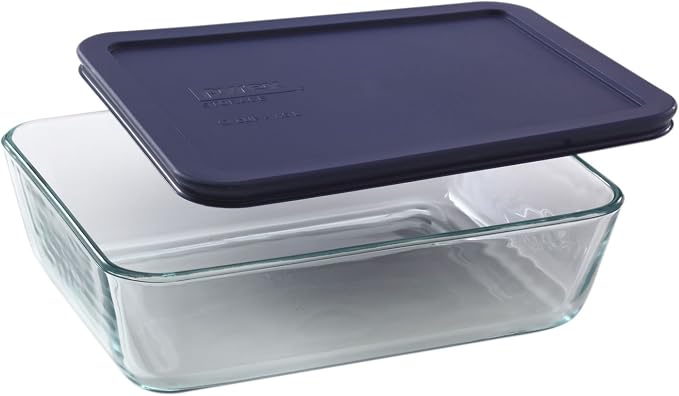 Pyrex 7211 6-Cup Glass Dish & 7211-PC Dark Blue Lids (4-Pack) - Made in USA | Top-Rack Dishwasher Safe | Freezer Safe | Non-Porous Borosilicate | Tight-Sealing Flexible Plastic Covers