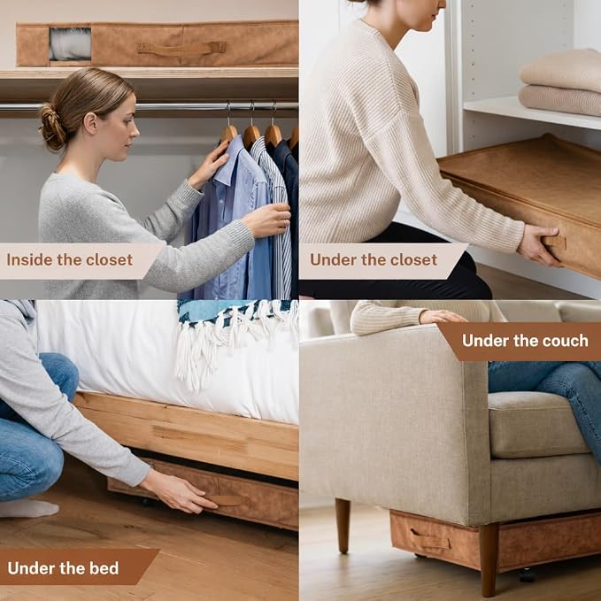 Premium Vegan Leather Under Bed Storage with Wheels | Low Profile Rolling Storage Box with Metal Frame | Pull-Out Underbed Organizer for Clothes, Shoes & Books | Space-Saving Storage Solution