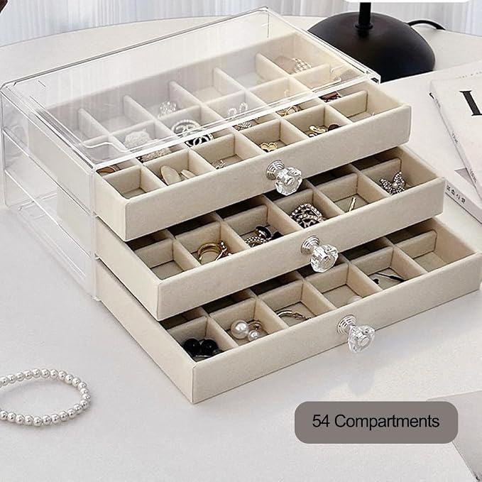 SPAKOWN Earring Box Holder Organizer Display Case | Clear Velvet Jewelry Storage Tray Organizer for Earring Ring Stud (Beige - 3 Drawers)