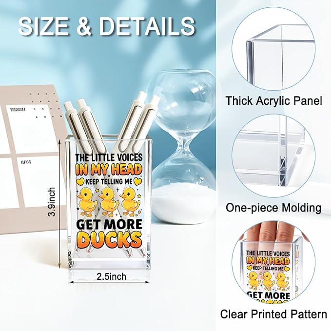 The Little Voices In My Head Acrylic Pencil Holder Cup, Ducks Lover Gifts for Women, Funny Rubber Duck Desk Organizer and Accessories for Coworker Girls Students Friends, Pen & Bookmark Holder