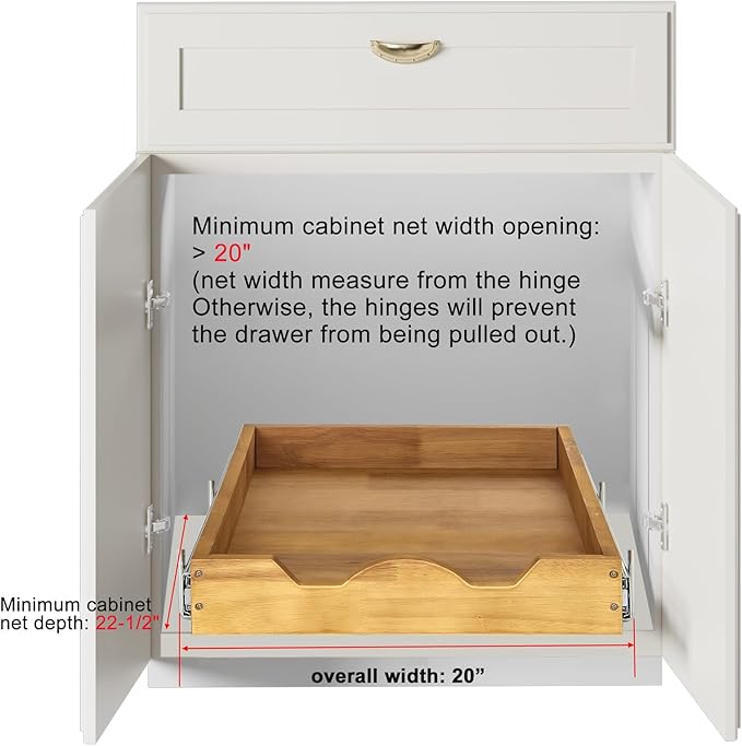 DINDON Pull Out Cabinet Organizer (20" W x 18" D) 1 Tier，Single Tier Oak Wood Under Cabinet Slide Out Shelf Drawer Box…