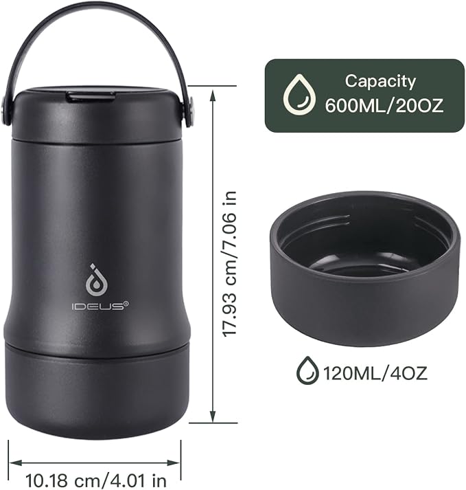 Ideus Soup Thermo with Foldable Spoon and Bowl 20oz, All-in-one Insulated Bento Lunchbox Stainless Steel Leakproof Portable Soup Container Vacuum Thermal Food Jar for Lunch, Black