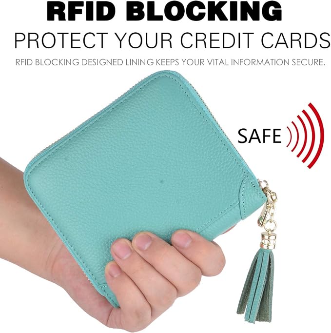 Easyoulife Womens Credit Card Holder Wallet Zip Leather Card Case RFID Blocking (Teal)