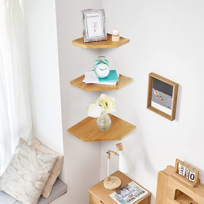 Corner Wall Shelves, Corner Floating Shelves Set of 2 Solid Oak Wood Display Shelf with Wire Hole Small Plant for Kitchen Living Room