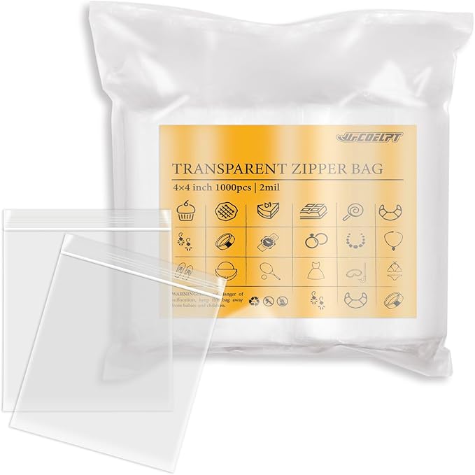 4x4 Small Plastic Bags Bulk 1000 Count, 2mil Clear Reclosable Zipper Poly Bags for Storage and Packing