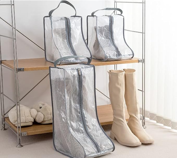 Rikyo 2 Set Shoe Storage,Portable Short Boots & Tall Boots Storage | Gray Edge Protector Bag, Shoe Dust Bags & Sleeves for Travel,Clear Boots Cover, Shoes Packing Organizers for Adult Sneakers