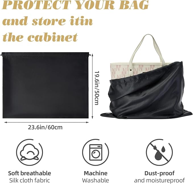 12 Pack Dust Bags for Handbags Travel Storage Pouch Silk Cloth Bag | Drawstring Large Storage Pouch for Handbag Purse Shoes Boots, Black 23.6x19.6 Inch