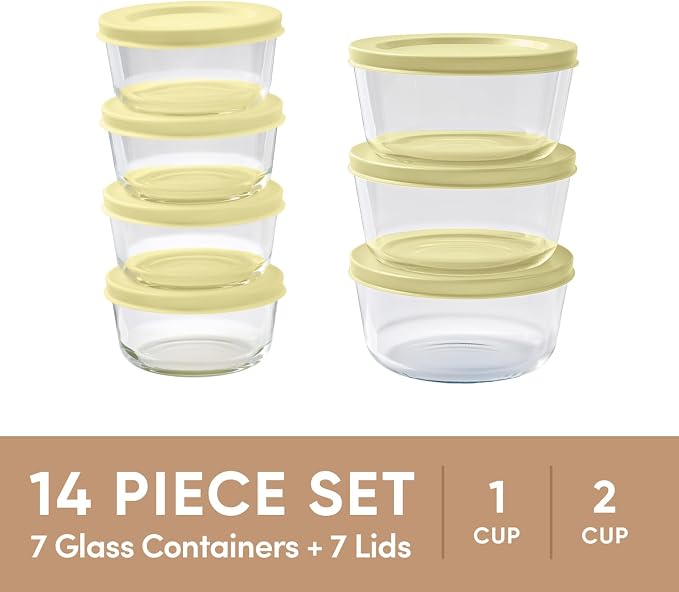 14-Piece Glass Food Storage Containers Set (7 Containers + 7 BPA-Free Lids) | 1-Cup & 2-Cup, Leakproof | Microwave, Freezer, Oven & Dishwasher Safe | Ideal for Meal Prep & Pantry Organization, Yellow