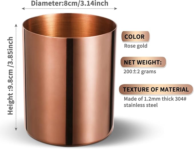 Rose Gold 304 Stainless Steel Pen Holder & Pencil Cup, Metal Desk Caddy & Desktop Stationery Organizer, Mirror Finish & Vacuum Plating(2-Piece Set)