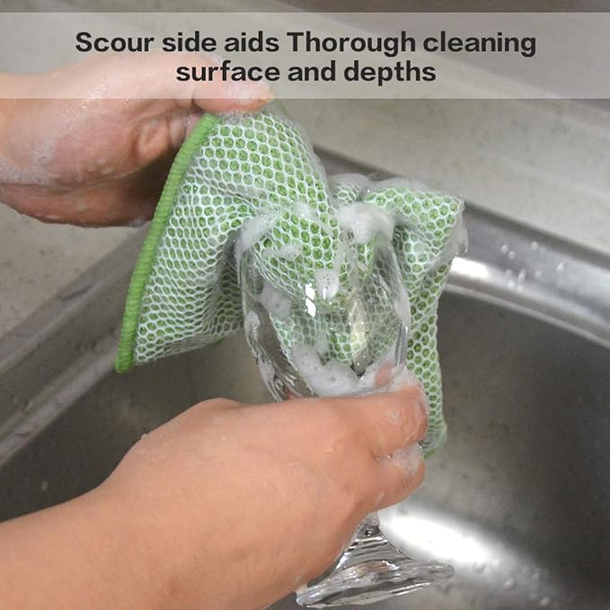 SINLAND Microfiber Dish Cloth Towels with Poly Scour Side Best Kitchen Cleaning Cloths Rags 12"x12" 5 Pack 5 Color Assorted (Pink+Blue+White+Yellow+Green)