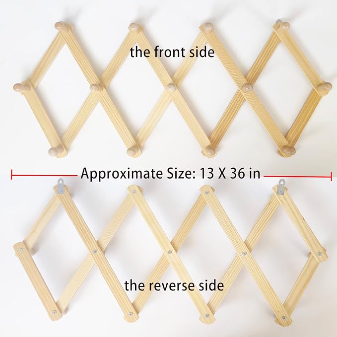 AMAPON Accordion Style Expandable Wall Wooden Coat Rack 13 Hooks (Pegs) Hang Hats Jackets Coffee Mug Purses Necklaces Towels Cap Leash Scarves Data Line Kitchenware (2 Packs)