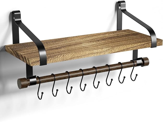 Love-KANKEI 17.3"Floating Wall Shelf Solid Wood,Coffee Bar Carbonized Black | Spice Rack,Towel Bar/8 Hooks,40 Lbs/shelf,Easy to Install,For Kitchen,Bathroom,Living Room,Bedroom,Office,Entryway Display
