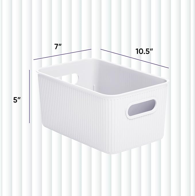 Superio Ribbed Collection - Decorative Plastic Basket Open Home Storage Bins Organizer, Medium White (2 Pack) Container Boxes for Organizing Closet Storage Bins for Shelves Drawer Shelf 5 Liter