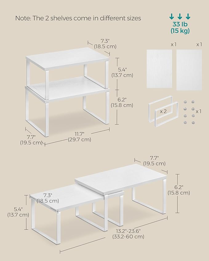 SONGMICS Cabinet Organizer Shelf, Set of 4 Kitchen Counter Shelves, Kitchen Storage, Spice Rack, Stackable, Expandable, Metal and Engineered Wood, Cloud White and Snow White UKCS027W01