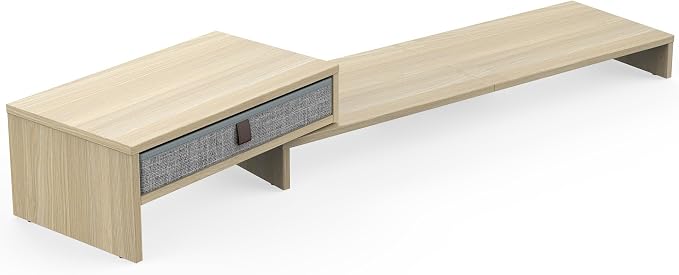 Fenge Triple Monitor Stand with Srorage Drawer, Adjustable Length and Angle | Computer Monitor Riser for 2 or 3 Monitors, Wooden Desktop Laptop Stand, Office Organizer for PC, Screen, Tablet, Oak