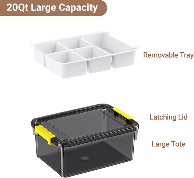 20Qt Stackable Storage Bin with Lid & Tray, Clear Plastic Latching Box Organizer with Divider Portable Container for Arts & Crafts, Home & Car Trunk Organization,Clear Grey,1Pack