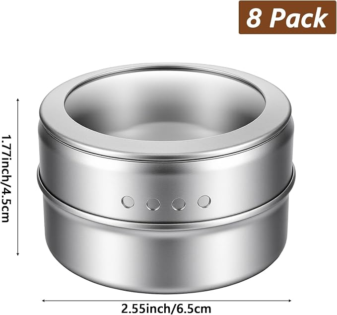 Set of 8 Magnetic Spice Tins with 2 Metal Wall-Plates, 100 Preprinted Labels, 3 oz Clear Lid Jars for Kitchen Refrigerator Storage