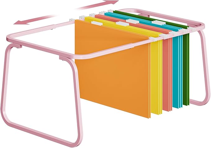 Marbrasse Hanging File Folder Frame, Adjustable Letter Size File Holder 16-25 Inches, Metal File Cabinet Rails for Office, Home, School, Pink