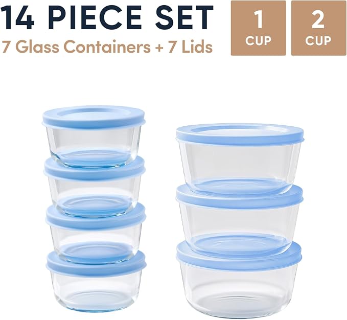 14-Piece Glass Food Storage Containers Set (7 Containers + 7 BPA-Free Lids) | 1-Cup & 2-Cup, Leakproof | Microwave, Freezer, Oven & Dishwasher Safe | Ideal for Meal Prep & Pantry Organization, Blue