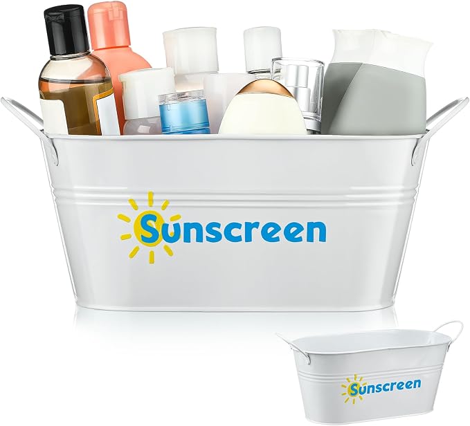 Blulu 1 Pcs Sunscreen Storage Bucket Summer Beach Basket Pool Poolside Box Container Swimming Pool Decor Waterproof Rust-proof Metal Bins for Indoor Outdoor Sunblock Toy Tools Goggles Accessories
