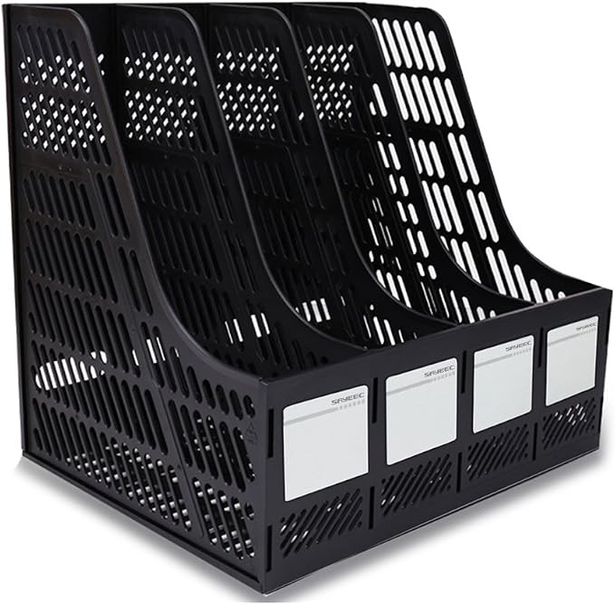 SAYEEC Desktop Magazine Holder Desk File Organizer 4 Compartments Vertical File Dividers Book Holder Frames Document Cabinet Rack Storage Organizer Box for Home Office School Black
