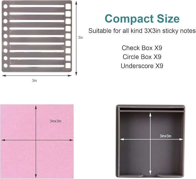 2 PCS 3x3 Sticky Note Holder, Anti-Curl Sticky Pad Dispenser with Drawing Stencil Template, Compatible with Post it Notes, Reusable Memo Organizer for Office Home School