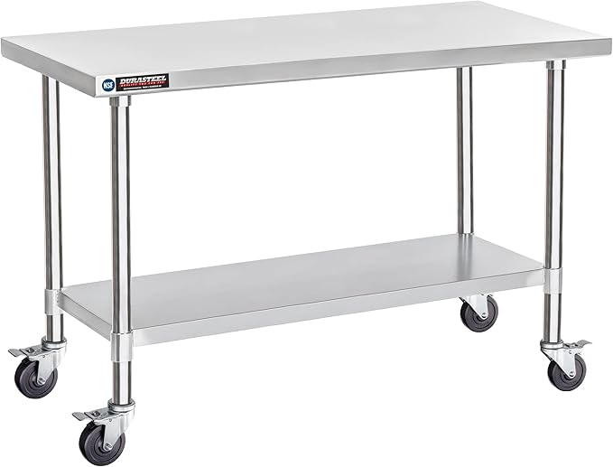DuraSteel 30x60 NSF Stainless Steel Cart - Heavy Duty Food Prep Table with Undershelf - Rolling Kitchen Island on Wheels for Commercial Restaurant Kitchen, Garage, Outdoor Cooking, BBQ Grill, Counter