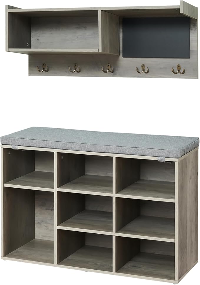 Entryway Shoe Bench with Coat Rack, Cushioned Storage Seat with Cubbies, Shoe Rack Bench for Front Door Entrance, Hall Tree with Hooks, Blackboard & Extra Storage for Entryway, Hallway & Living Room