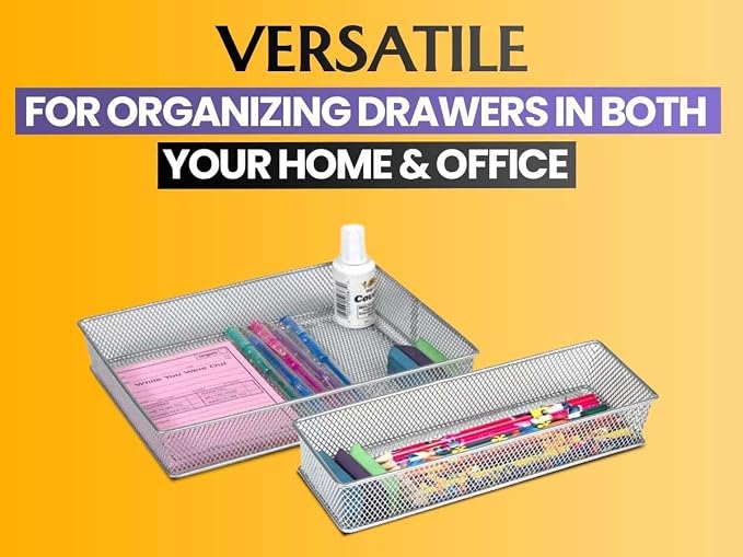 YBM HOME Silver Mesh Drawer Cabinet and or Shelf Organizer Bins, School Supply Holder Office Desktop Organizer Basket (1, 3x9x2 Inch)