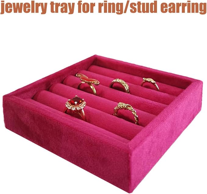SCIKHETF Velvet Ring Earrings Studs organizer Tray Small Ring Insert Display Tray 5 Slots Stackable (Rose Red)