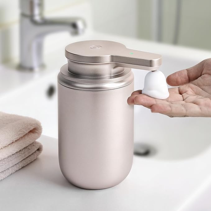LAOPAO Automatic Soap Dispenser, Rechargeable Touchless Foaming Hand Soap Dispenser for Bathroom, Soap Pump for Kitchen, Water-Resistant, Xmas Gift 10oz, Light Silver, Plastic