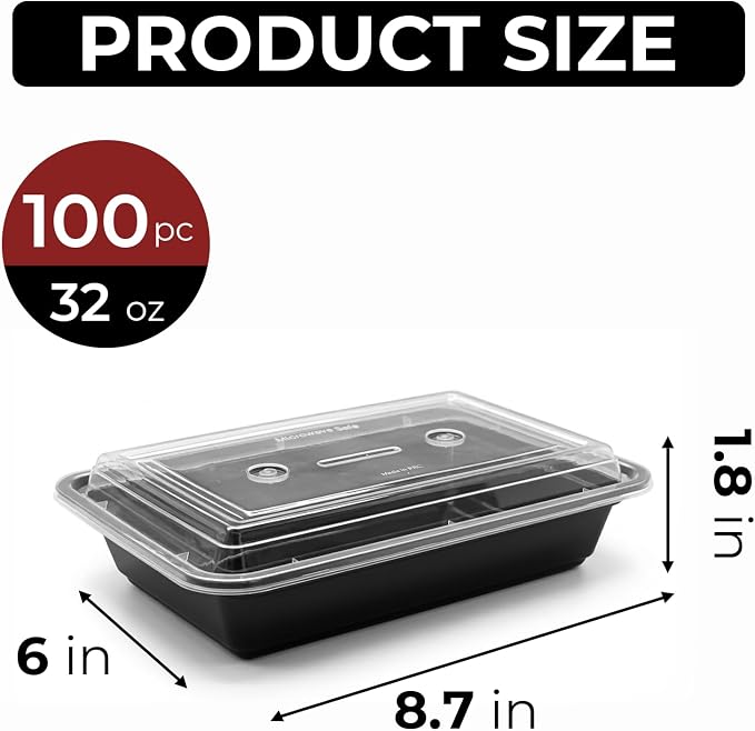 100 Pack (200-Piece) 32 oz Meal Prep Containers with Lids Reusable Food Storage Containers Sturdy Leakproof To Go Plastic Takeout Containers for Microwave, Freezer, Dishwasher Safe