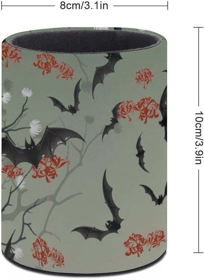 Bats Flowers Pen Holder Pencil Cup for Desk Organizer | Cute Makeup Brush Holder PU Multifunctional Office Suppliesfor Decor Home Classroom School