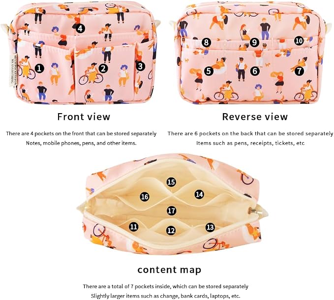 E-WEICHEN Multiple Pockets Portfolio Organizer with Zippered, Makeup Bag Travel Essentials for Women, Simple Waterproof Stationery Pencil Pouch Bag for Journal Office Art Supplies.Pink People