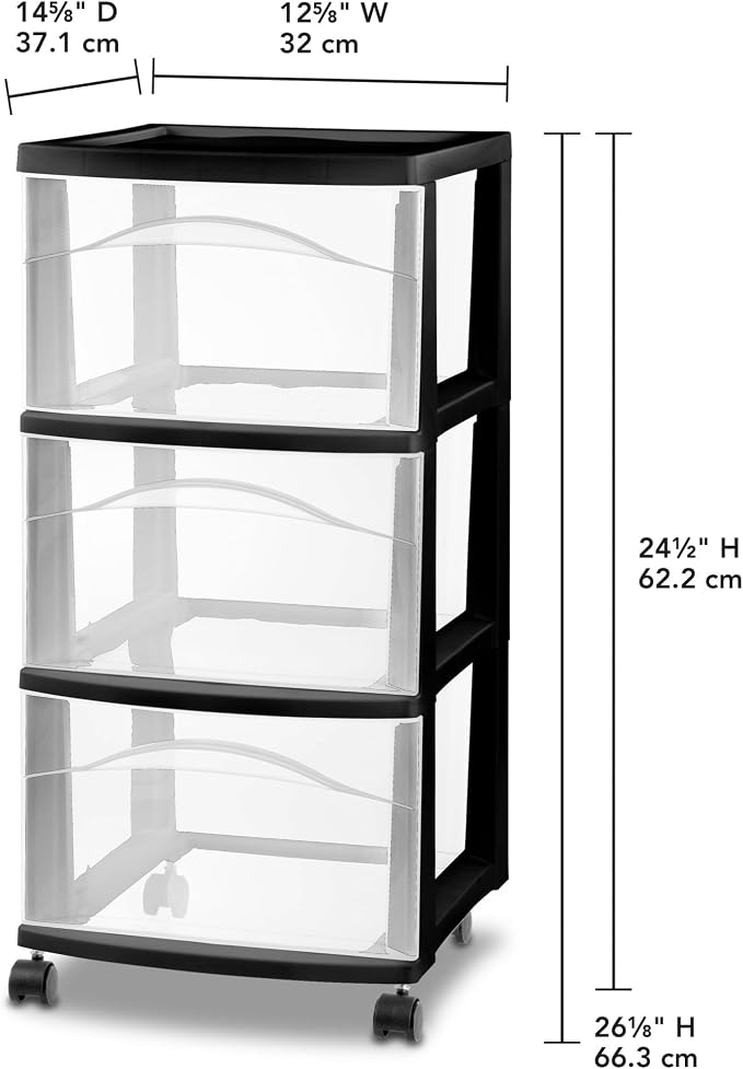 Sterilite 6 Pack 3 Drawer Storage Cart, Plastic Medium Organizer with Wheels, Black - Multipurpose Bin for Crafts, Accessories, or Office Supplies
