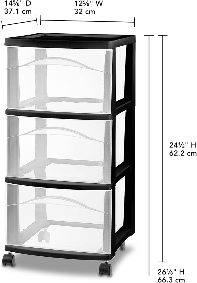 Sterilite 8 Pack 3 Drawer Storage Cart, Plastic Medium Organizer with Wheels, Black - Multipurpose Bin for Crafts, Accessories, or Office Supplies