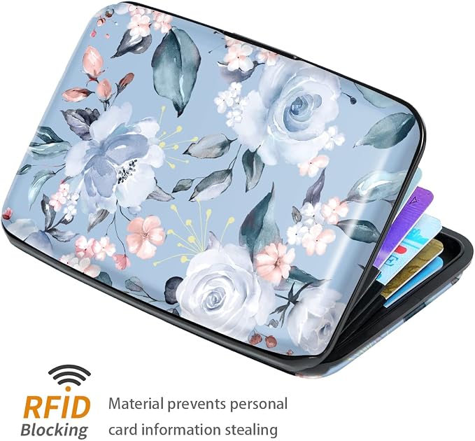 Coco Rossi Credit Card Holder RFID Aluminum Small Mini Wallet Women | Metal Wallet, Business Cards Holder, ID Case, Slim Sleeves, Womens Girls Gift, Carry Proof Wallets for Travel, Blue Flower