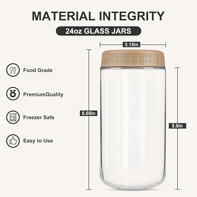SHOWIN Overnight Oats Containers with Lids, 24oz Glass Jars with Lids 4 pcs, Taffy, Wide Mouth Mason jars for Salad, Yogurt, Snacks, Meal Prep