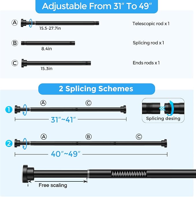 Shower Curtain Rod 31-49 Inch,7/8"Diameter Adjustable Spring Tension Curtain Rods No Drill,Matte Black Shower Tension Rod for Bathroom,Room Divider,Window,Anti-Rust Non-Slip 2-Pack