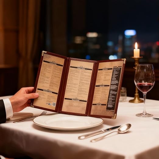 Goodsmart Restaurant Menu Covers – 25 Pack Burgundy 6-View Trifold 8.5" x 11", Side-Loading Vinyl & Plastic Menu Holders, Clear Menu Sleeves, Leather-Style Café Covers with Gold Corners