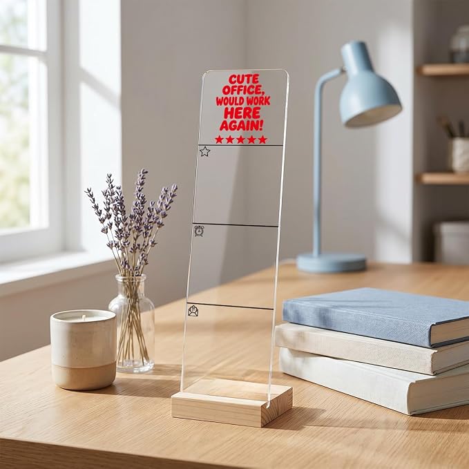 Sticky Note Holder, Monitor Memo Board, Sticky Note Board for Desk, Acrylic Desk Buddy with Wooden Base, Includes 200 Notes, Funny Office “Cute Office Would Work Here Again 5 Star Review”