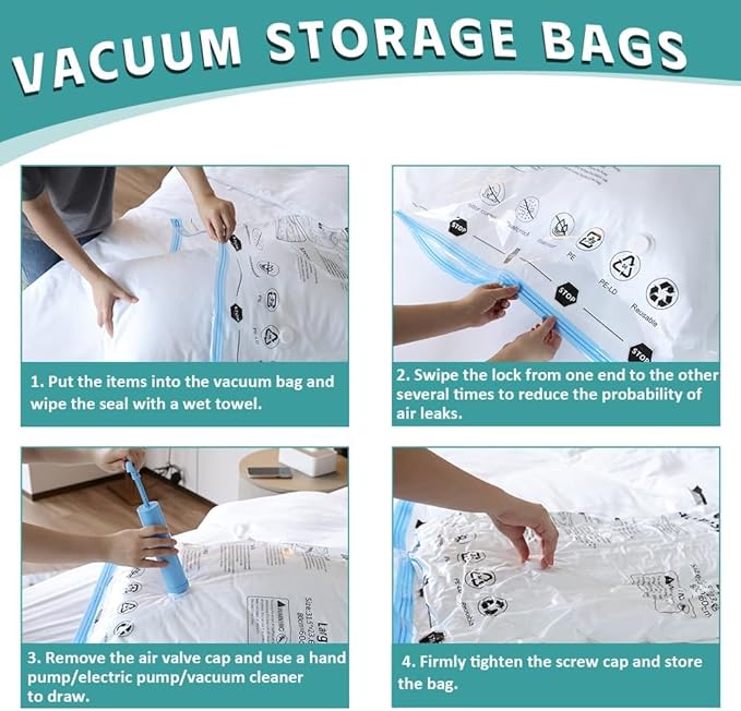 12 Pack Vacuum Storage Bags, Space Saver Compression Bags for Clothing, Comforters, Blankets, Vacuum Seal Bags with Hand Pump. (3×Jumbo, 3×Large, 3×Medium, 3×Small)