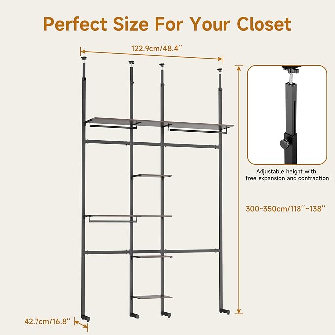 MZG Closet Organizer System, Freestanding Closet System with Wood Shelves & Hanging Rod, Adjustable Floor-to-Ceiling Open Wardrobe for Bedroom, Apartment & Small Closet (16.8"D x 48.4"W x 137.7"H)