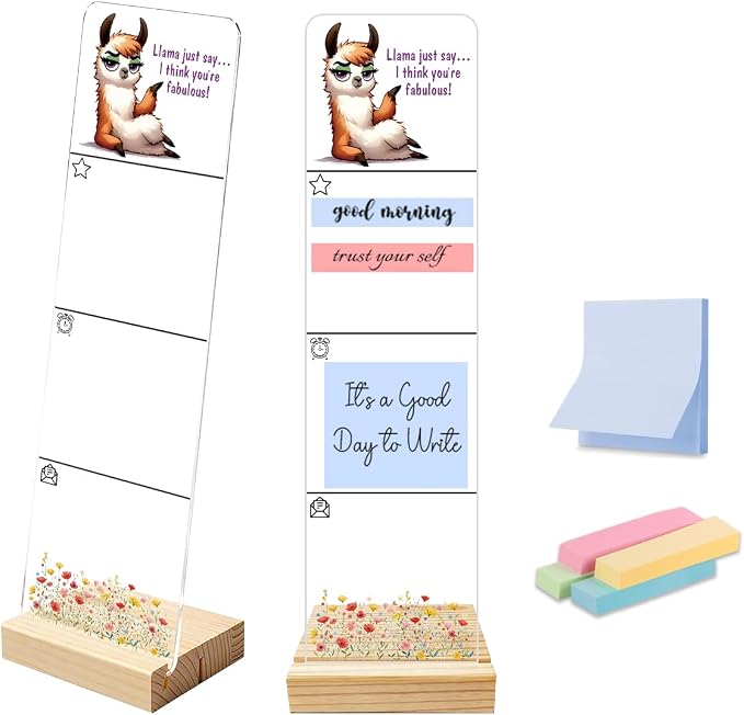 Sticky Note Holder, Monitor Memo Board, Acrylic Post It Note Holder with Wooden Base, Includes 200 Notes, Desk Organizer, Funny Llama Quote “Llama Just Say I Think You’re Fabulous”