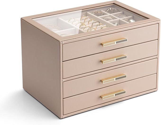 VLANDO 4-Drawer Jewelry Box with Glass Lid, Faux Leather Organizer for Rings Earrings Necklaces and More, Gift-Ready Jewelry Case for Women Girls or Moms, Latte