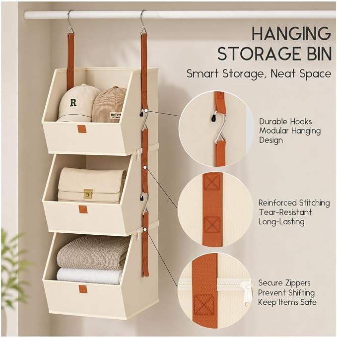 Hanging Closet Organizer 3 Tier - Hanging Shelves for Closet, Fabric Closet Organizers and Storage, Space-Saving Clothes Organizer System, Collapsible Bins for Home, Bedroom, Dorm, RV (6 Pack)