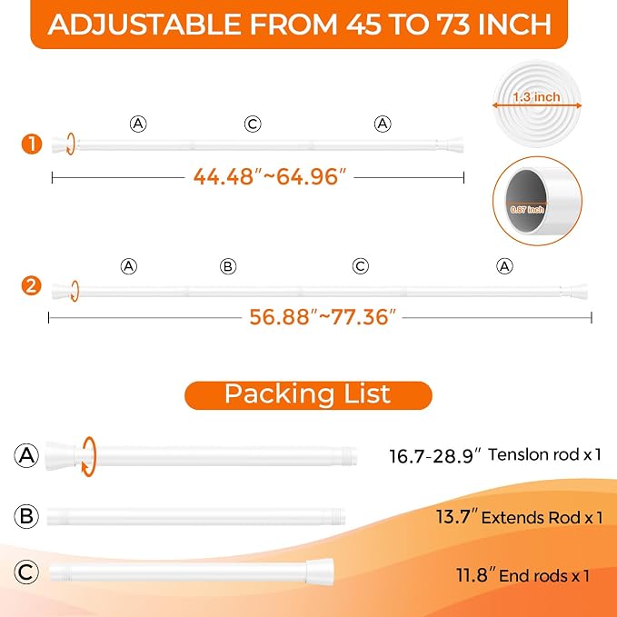 2Pack Spring Tension Curtain Rod 45 to 76 Inch 7/8" Diameter No Drilling Adjustable White Curtain Rods for Window Doorway Closet Door Kitchen Bathroom