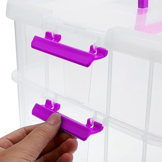 BTSKY 2 Layer Stack & Carry Box, Plastic Multipurpose Portable Storage Container Box Handled Organizer Storage Box for Organizing Stationery, Sewing, Art Craft, Jewelry and Beauty Supplies(Purple)