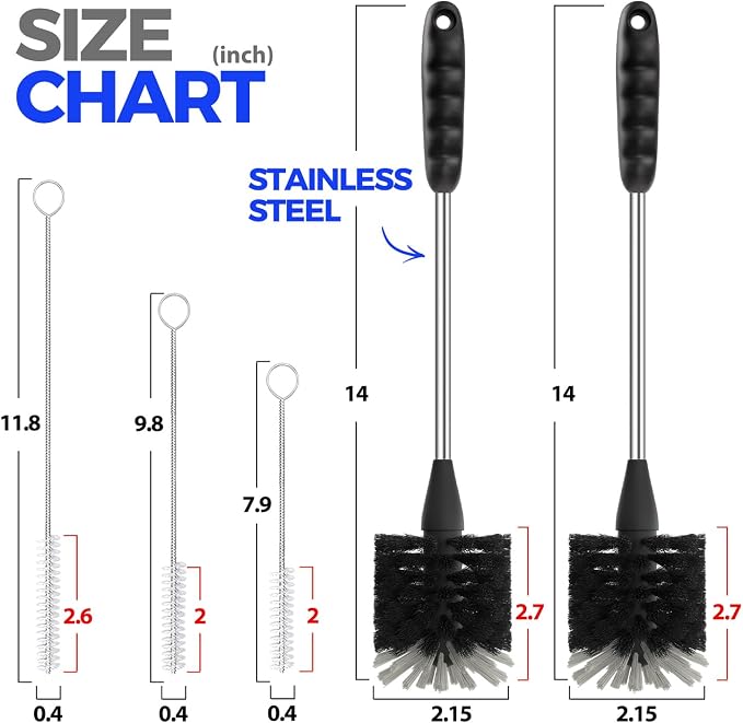 Holikme 5 Pack Bottle Brush 14" Stainless Steel Straw Cleaner Brush,Black | 14" Long Handle Stainless Steel Bottle Cleaner Brush, 3 Straw Brushes, Bottle Cleaning Brush for Water Bottle Cups Baby