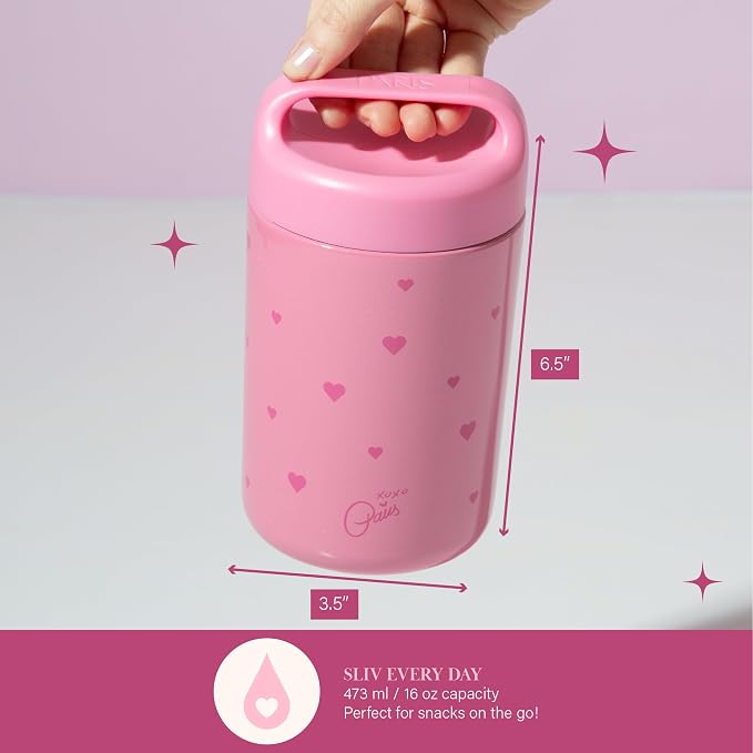 Paris Hilton Stainless Steel Food Jar, Double Wall Vacuum Sealed Insulated Food Storage Container with Carry Handle Lid, 16-Ounce, Pink with Heart Design